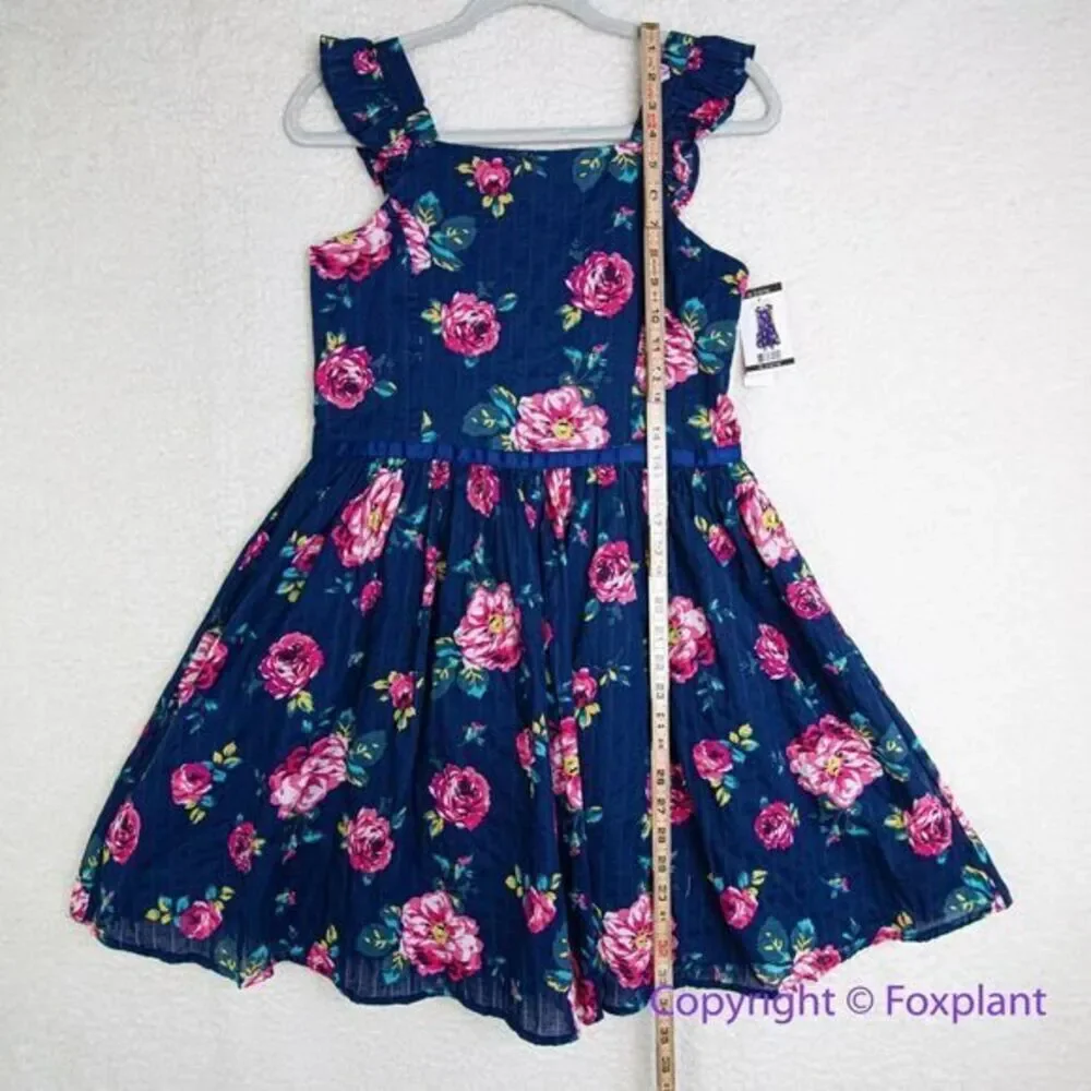 New! Zunie Girl Cotton Floral A-Line Knee-Length Dress Navy‎ Multi, size 14-16